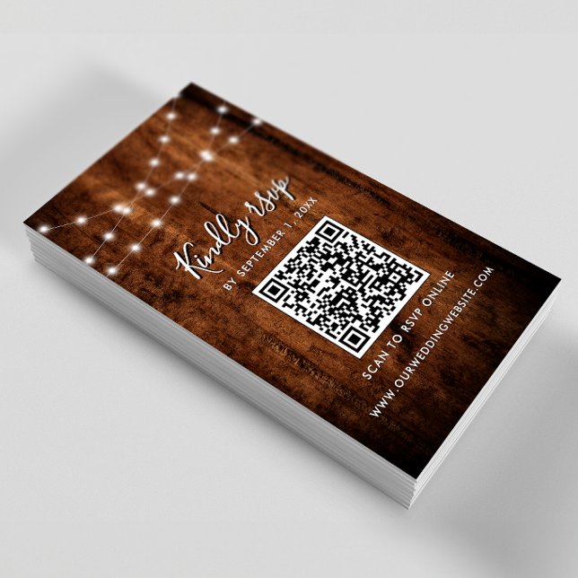 Rustic String Lights & Wood Wedding RSVP QR Code Enclosure Card (Creator Uploaded)