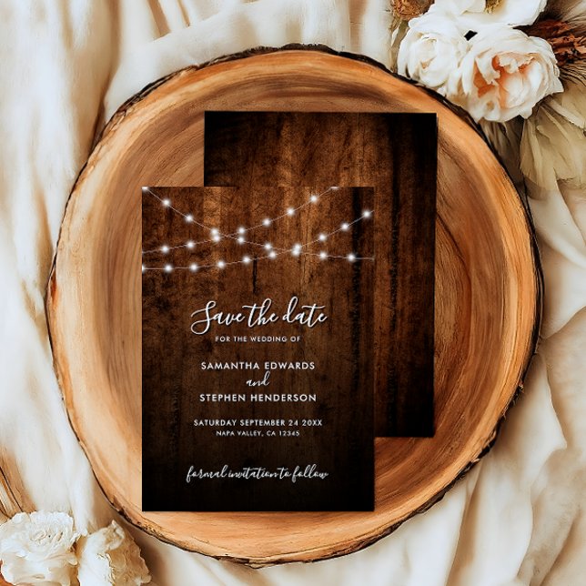 Rustic String Lights & Wood Wedding Save The Date (Creator Uploaded)