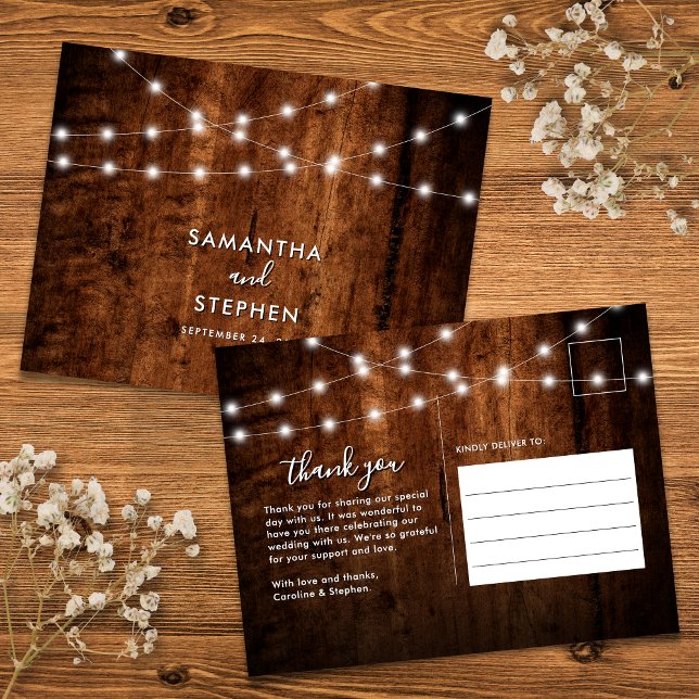 Rustic String Lights & Wood Wedding Thank You Postcard (Creator Uploaded)