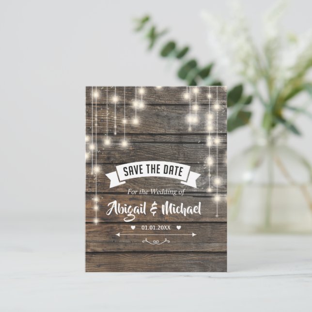 Rustic String Lights Wooden Save The Date Postcard (Standing Front)