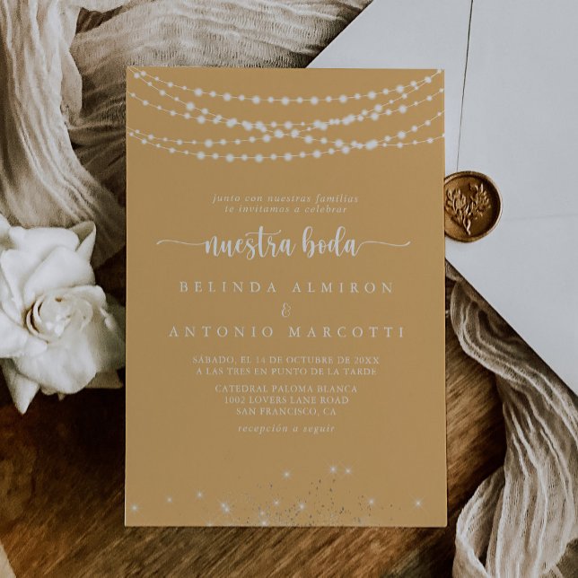 Rustic String Lights Yellow Nuestra Boda Wedding  Invitation (Creator Uploaded)
