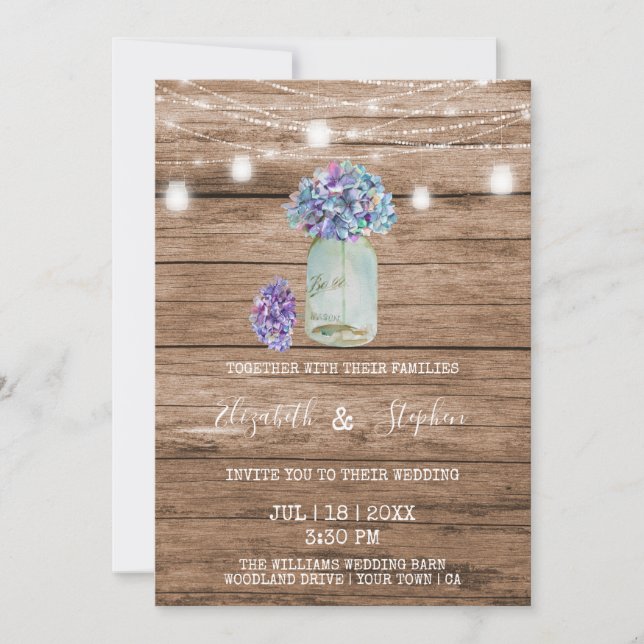 Rustic String of Lights & Mason Jar Wedding Invitation (Front)