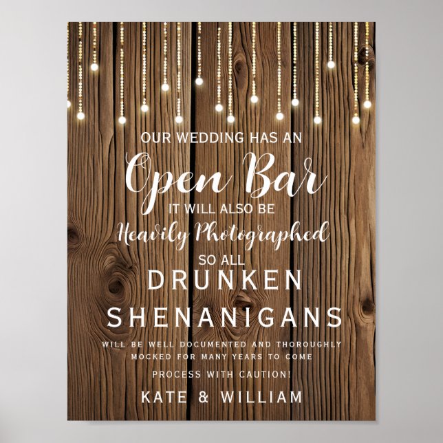 Rustic String of lights Open Bar wedding sign (Front)