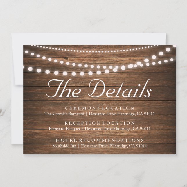 Rustic String of Lights Wedding Details Card (Front)