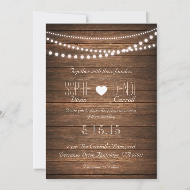 Rustic String of Lights Wedding Invite (Off White) (Front)