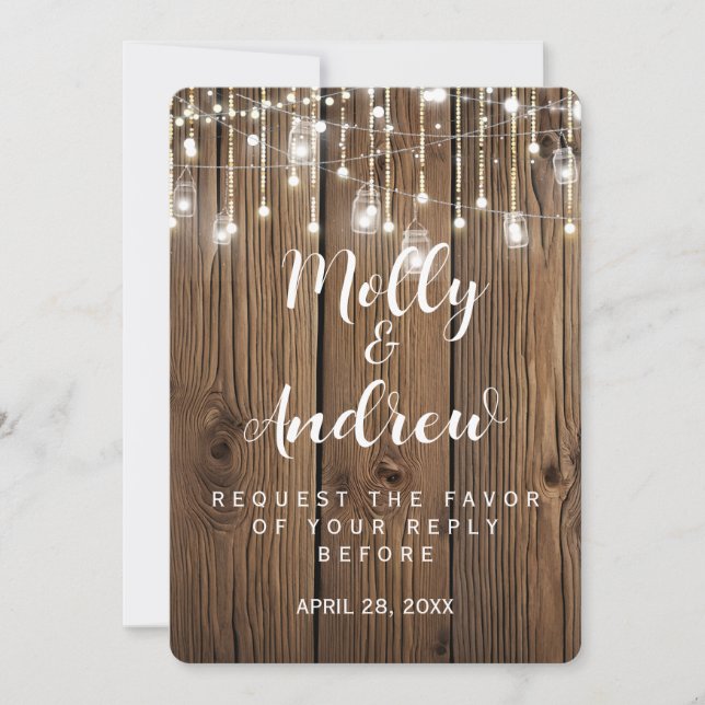 Rustic string of lights wedding RSVP CARD INVITER (Front)