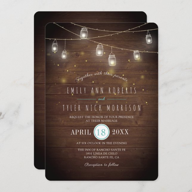 Rustic Strings of Mason Jars Fireflies Wedding Invitation (Front/Back)