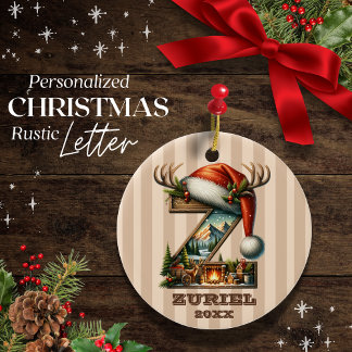 Rustic Striped Letter Z Custom Name Christmas Ceramic Ornament