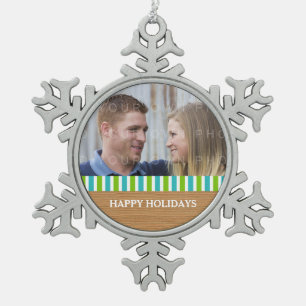 Rustic Stripes Holiday Photo Pewter Ornament