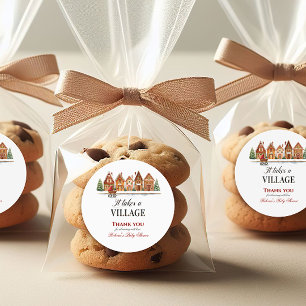 Rustic Stroller Village Houses Winter Baby Shower Classic Round Sticker