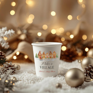 Rustic Stroller Village Houses Winter Baby Shower Paper Cups