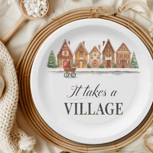 Rustic Stroller Village Houses Winter Baby Shower Paper Plate