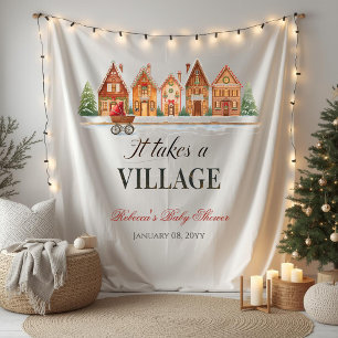 Rustic Stroller Village Houses Winter Baby Shower Tapestry