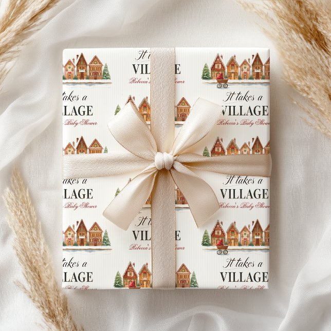 Rustic Stroller Village Houses Winter Baby Shower Wrapping Paper (Creator Uploaded)