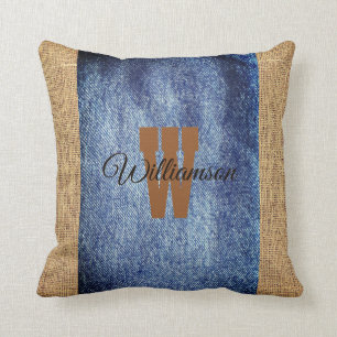 Rustic Style Blue Denim and Burlap Effect Cushion