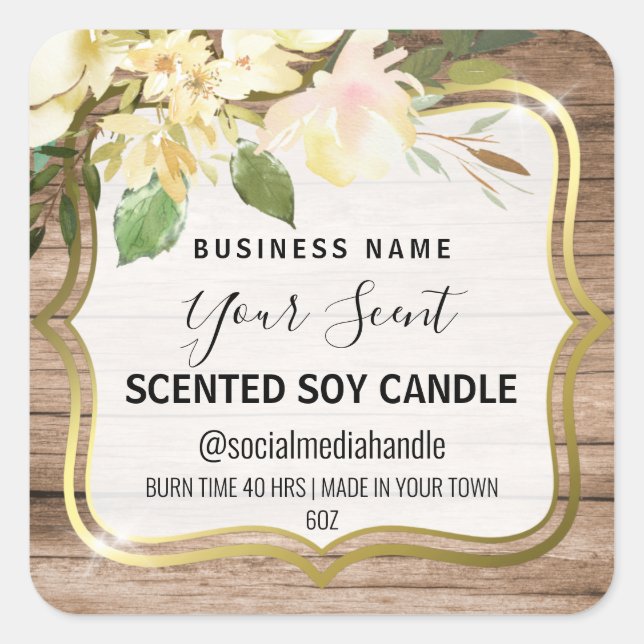Rustic Styled White Flowers Scented Soy Candle Square Sticker (Front)