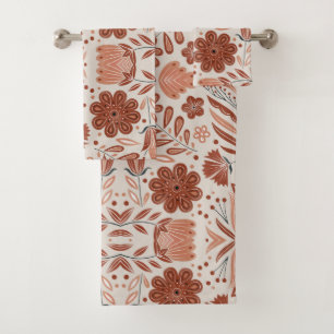 Rustic Stylised Terracotta Floral Pattern Bath Towel Set
