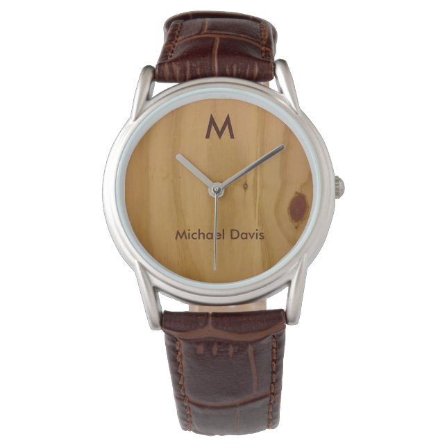 rustic & stylish, wood textured, personalized watch (Front)