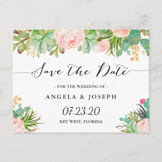 Rustic Succulent Cactus Floral Save the Date Announcement Postcard (Front)