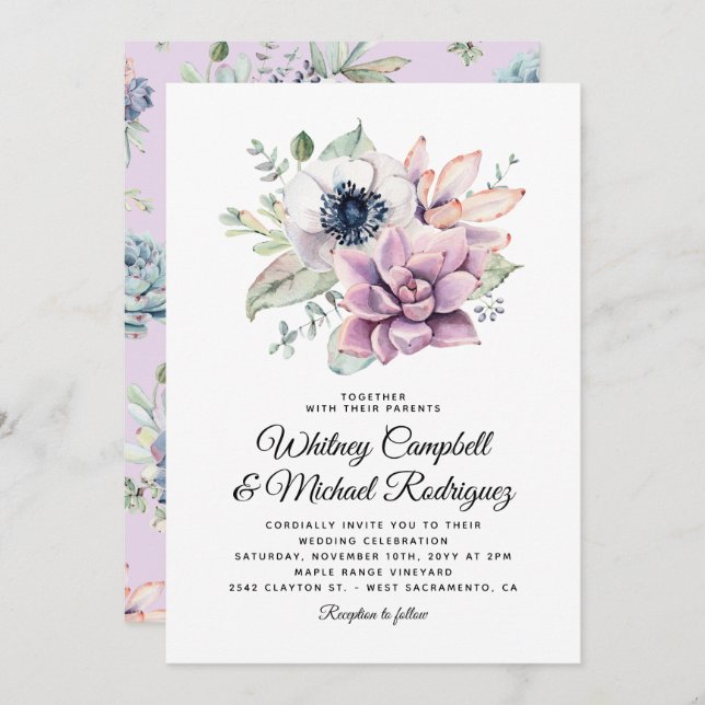 Rustic Succulent Floral Bloom Wedding Invitation (Front/Back)
