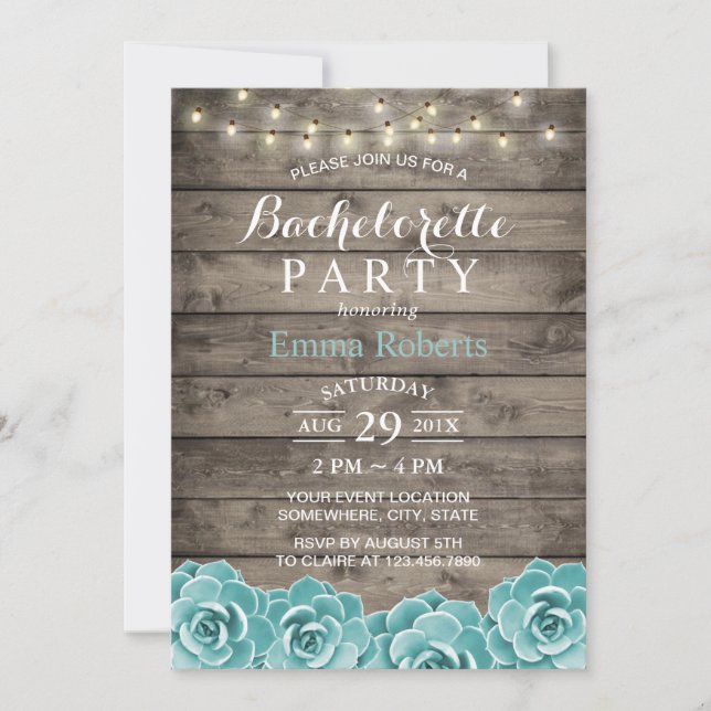 Rustic Succulent Floral String Lights Bachelorette Invitation (Front)