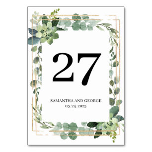 Rustic succulent greenery foliage gold wedding table number