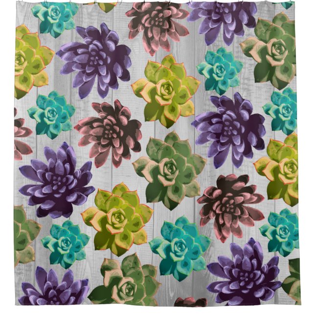 Rustic Succulents & Light Grey Wood Planks Shower Curtain (Front)