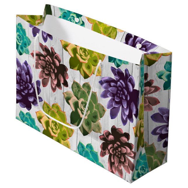 Rustic Succulents & White Wood Planks Large Gift Bag (Front Angled)