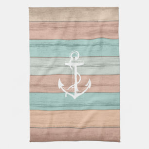 Rustic Summer Beach Wood Nautical Stripes & Anchor Tea Towel