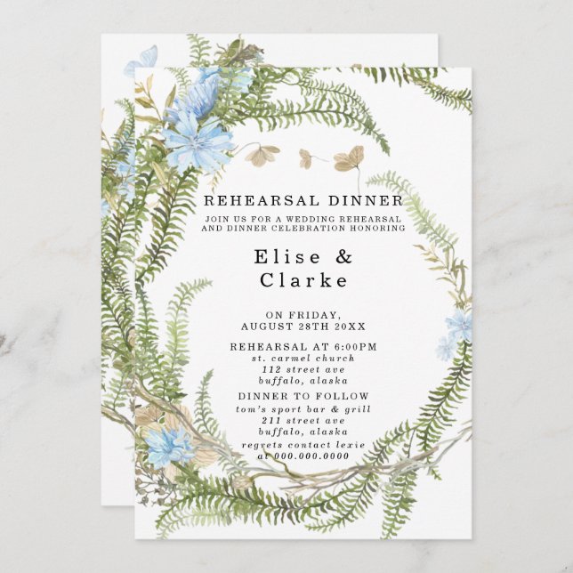Rustic Summer Fern Wreath Rehearsal Dinner Invitat Invitation (Front/Back)