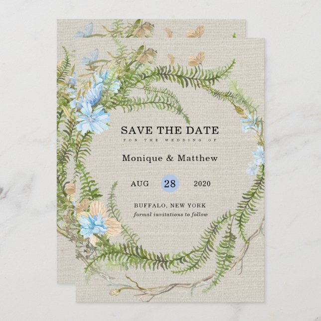 Rustic Summer Fern Wreath Wedding Save The Date Invitation (Front/Back)