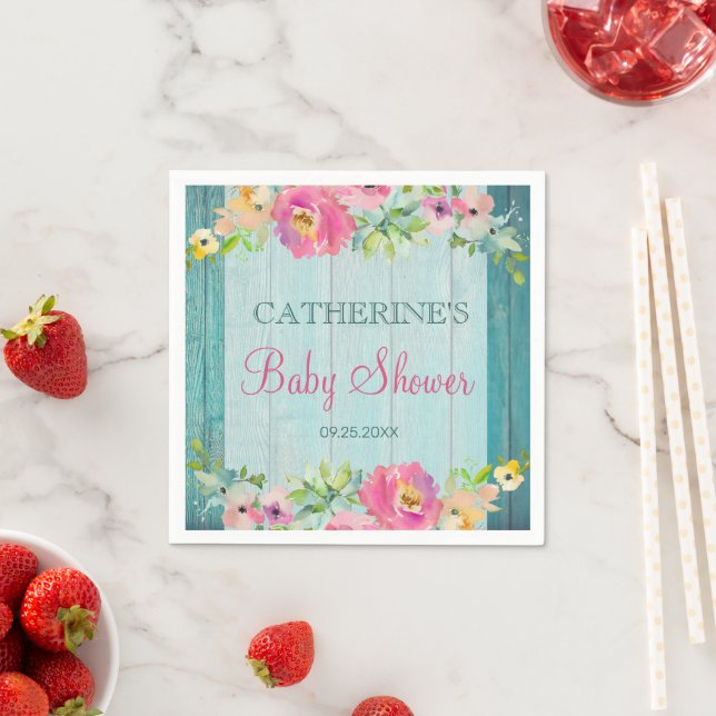 Rustic Summer Floral Blue Barn Wood Baby Shower Napkin (Insitu)