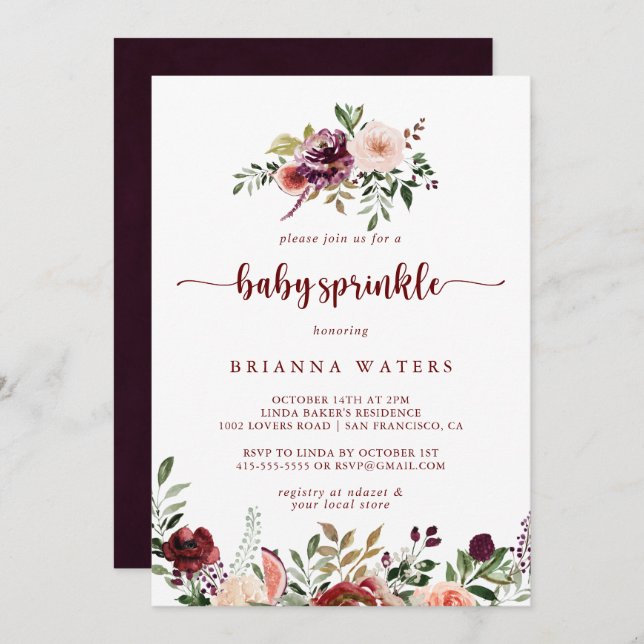 Rustic Summer Floral Calligraphy Baby Sprinkle  Invitation (Front/Back)