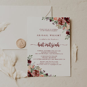 Rustic Summer Floral Calligraphy Bat Mitzvah Invitation