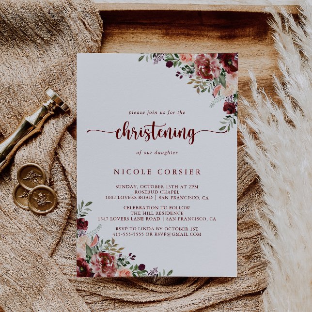 Rustic Summer Floral Calligraphy Christening  Invitation (Creator Uploaded)