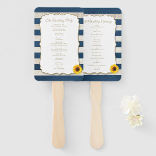 Rustic Summer Sunflower Navy Blue Stripes Wedding Hand Fan