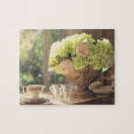 Rustic Summer Tea Party Still Life Jigsaw Puzzle<br><div class="desc">Pretty composition featuring bouquet of mixed flowers in rustic vintage vase with tea cups and glasses on sunny day.</div>