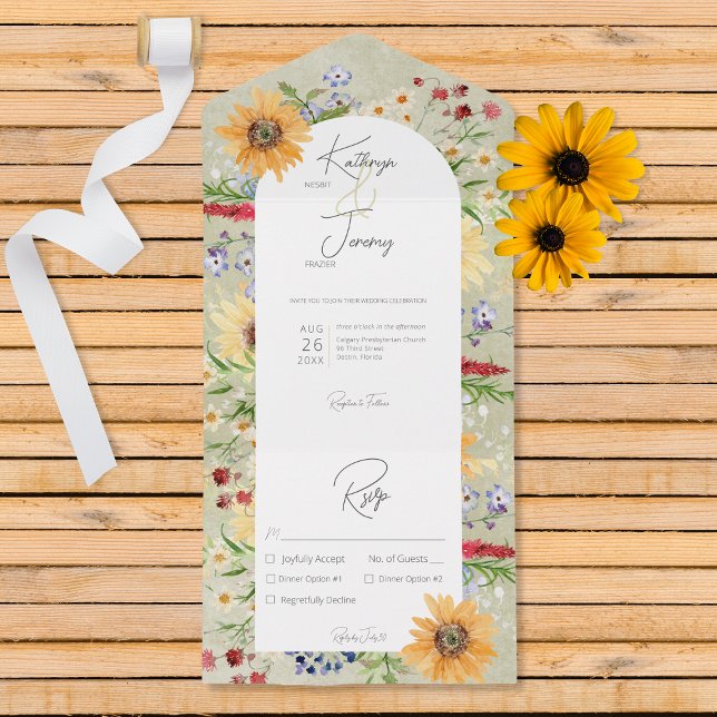 Rustic Summer Wildflowers Sunflowers Sage Dinner All In One Invitation (Creator Uploaded)