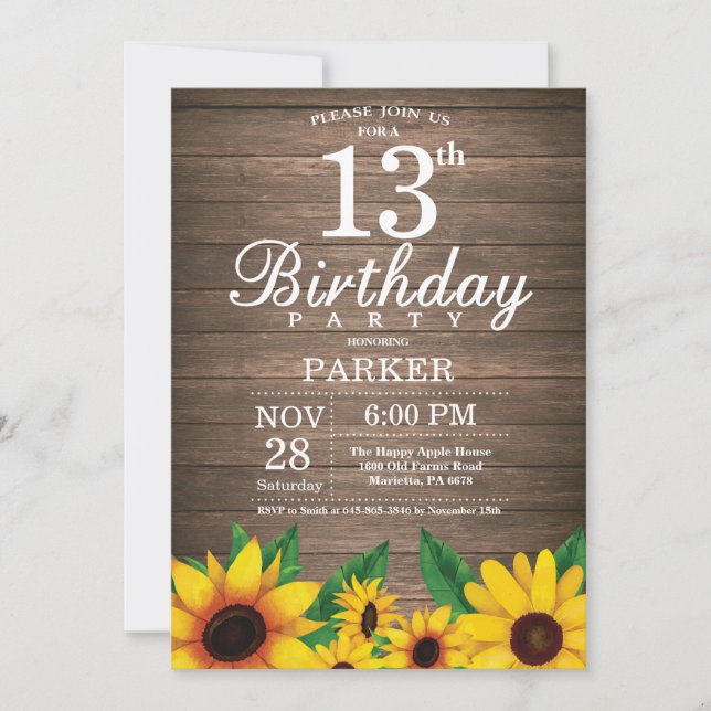 Rustic Sunflower 13th Birthday Invitation (Front)