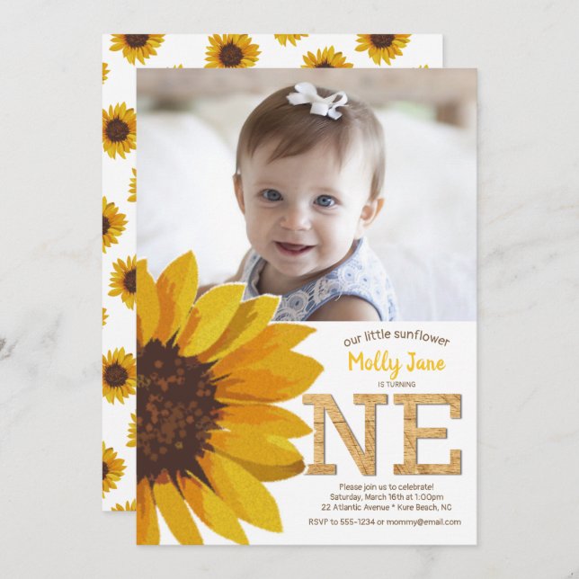 Rustic Sunflower 1st Birthday Girl Photo Invitation (Front/Back)