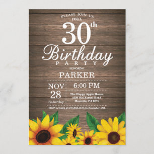 Rustic Sunflower 30th Birthday Invitation
