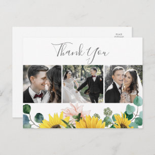 Rustic Sunflower 3 Photo Wedding Thank You Postcard