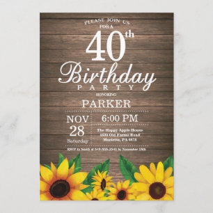 Rustic Sunflower 40th Birthday Invitation