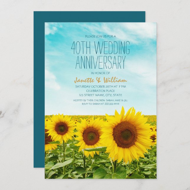 Rustic Sunflower 40th Wedding Anniversary Floral Invitation (Front/Back)