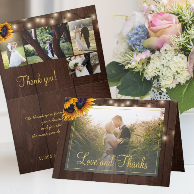 Rustic sunflower 5 photo collage wedding thank you card (Creator Uploaded)