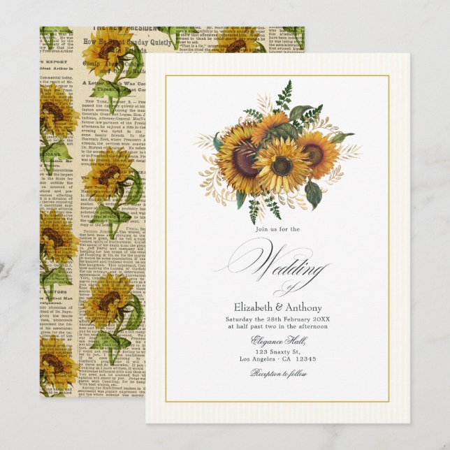 Rustic Sunflower and Gold Wedding Invitation (Front/Back)
