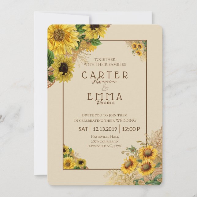 Rustic Sunflower and Lace Beige Country Wedding Invitation (Front)