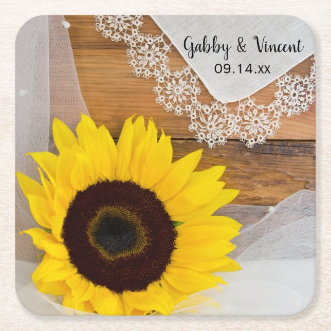 Rustic Sunflower and Lace Country Wedding Square Paper Coaster (Front)