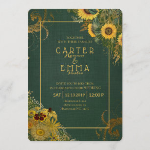 Rustic Sunflower and Lace Green Country Wedding Invitation
