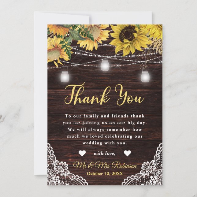 Rustic Sunflower and Mason Jar Lights Wedding Thank You Card (Front)